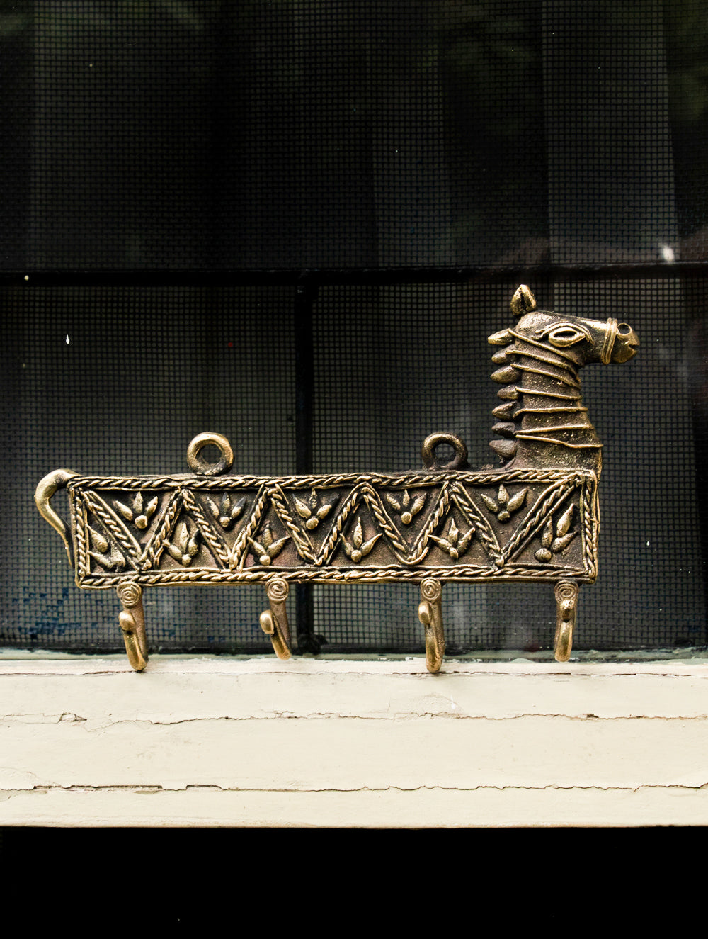 Dhokra Craft Wall Hanger - Horse (Medium;  4 Hooks)