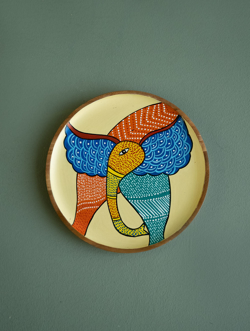 Exclusive Gond Art Wooden Wall Plate / Table Curio - Cream Elephant