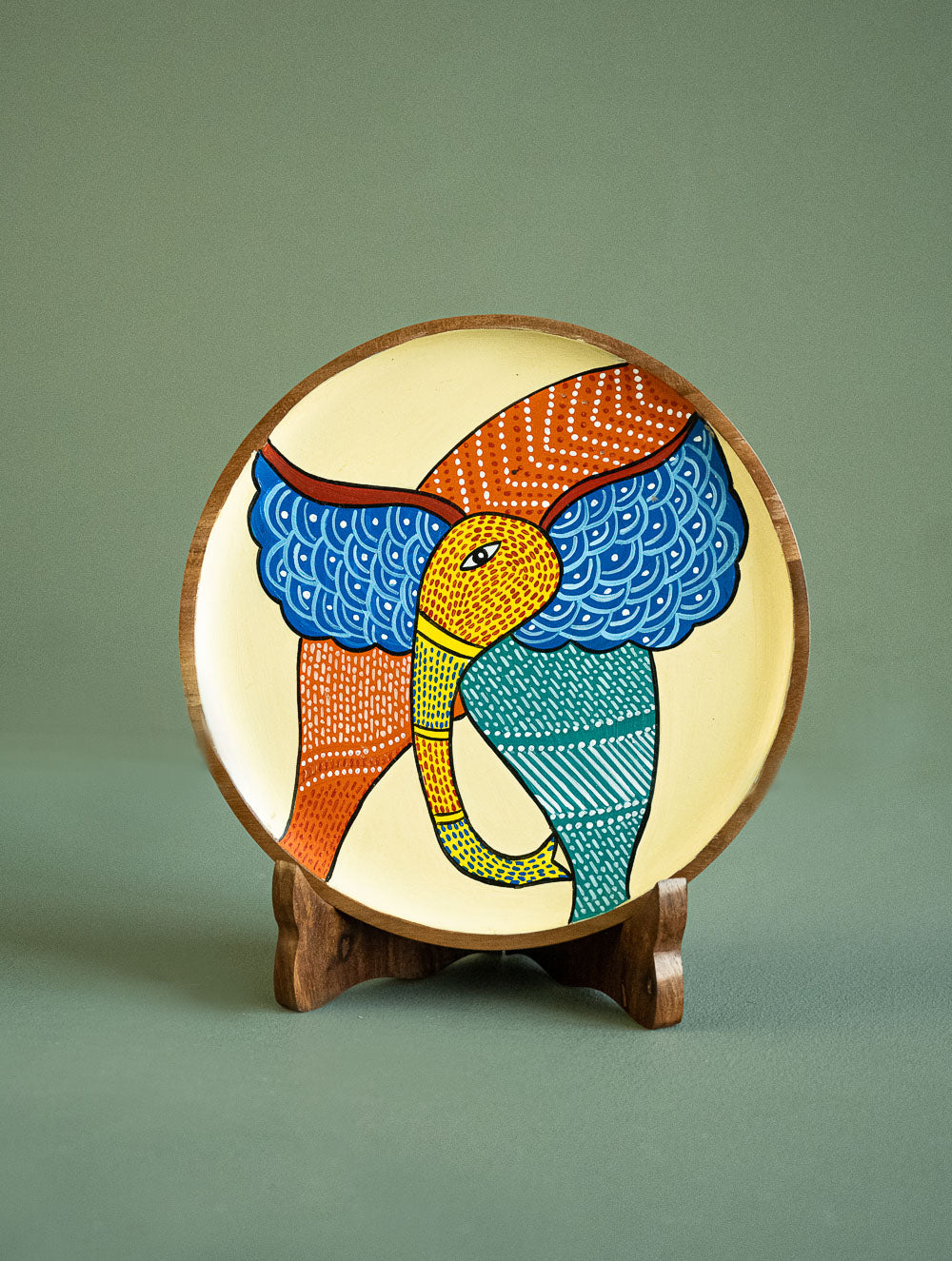 Exclusive Gond Art Wooden Wall Plate / Table Curio - Cream Elephant