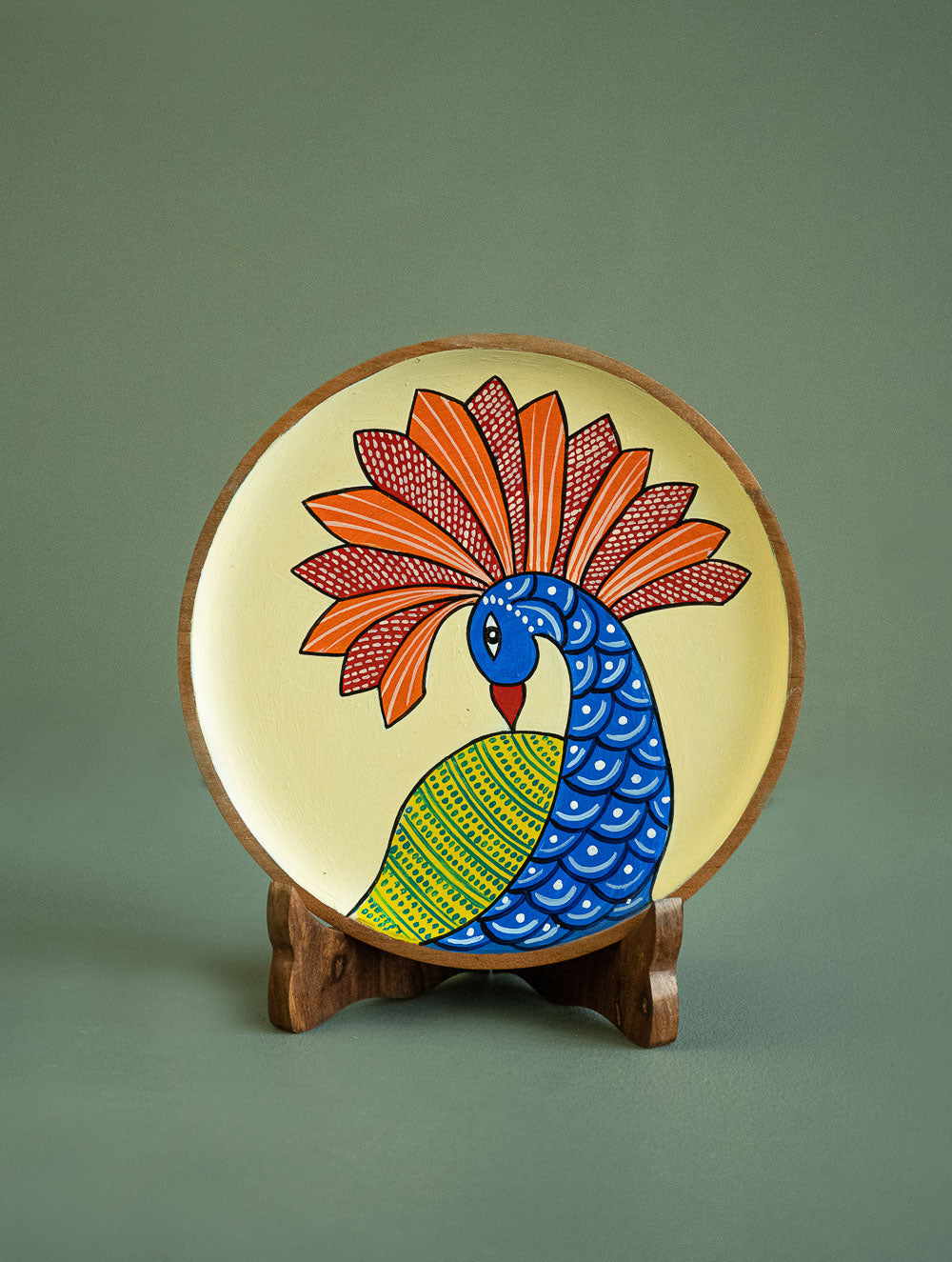 Exclusive Gond Art Wooden Wall Plate / Table Curio - Cream Peacock