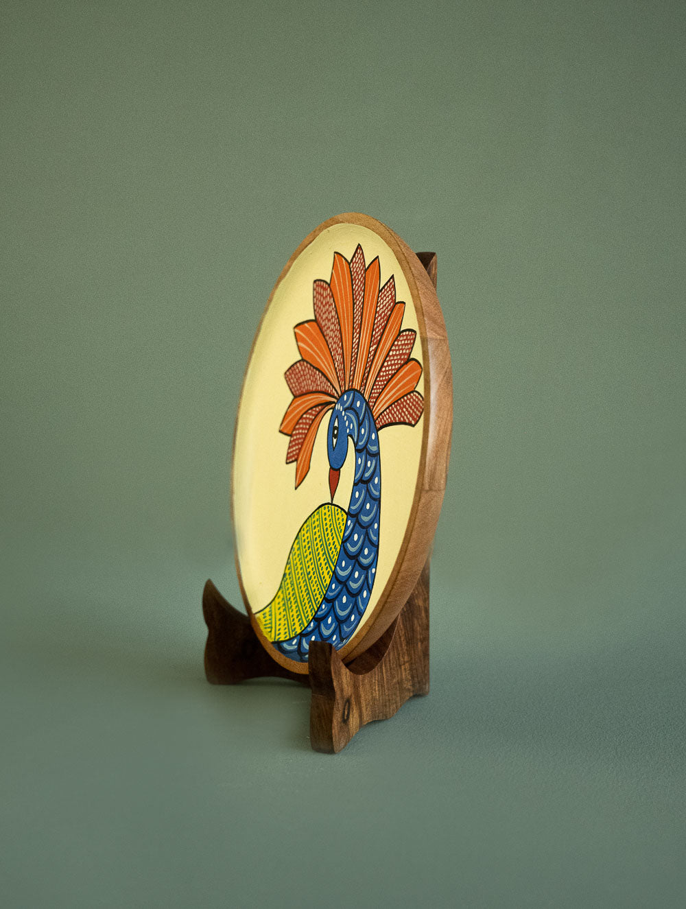 Exclusive Gond Art Wooden Wall Plate / Table Curio - Cream Peacock