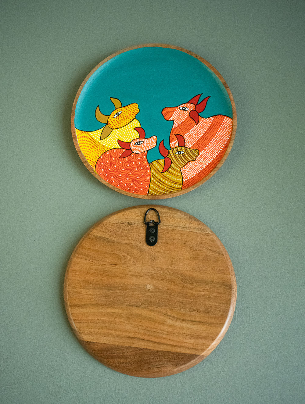 Exclusive Gond Art Wooden Wall Plate / Table Curio - Deer & Cow Duo (Set of 2)
