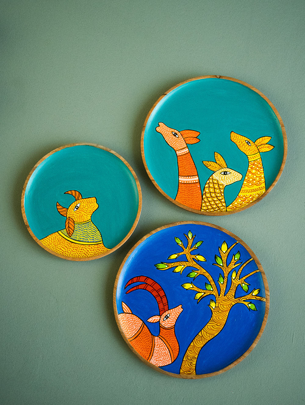 Exclusive Gond Art Wooden Wall Plate / Table Curio - Deer & Cow Trio (Set of 3)