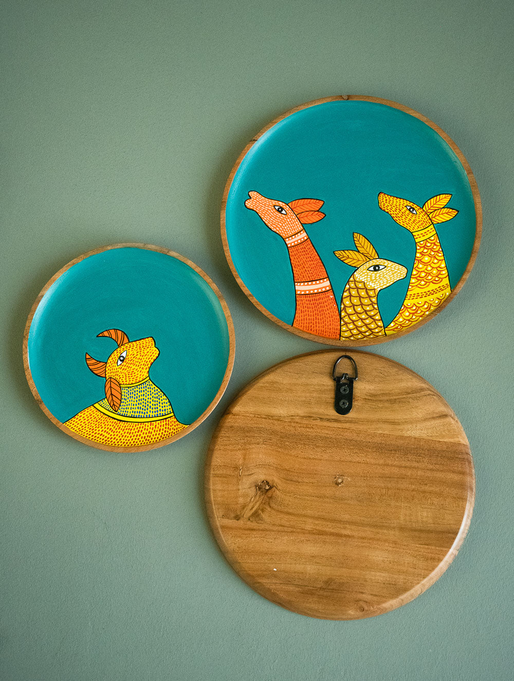 Exclusive Gond Art Wooden Wall Plate / Table Curio - Deer & Cow Trio (Set of 3)