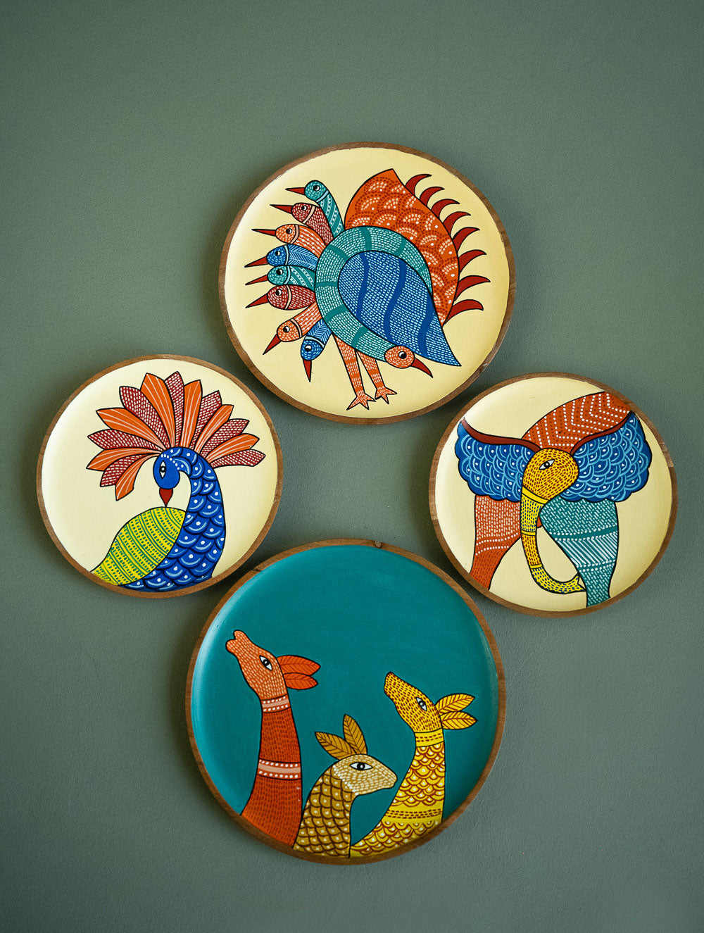 Exclusive Gond Art Wooden Wall Plate / Table Curio - Fauna Medley (Set of 4)