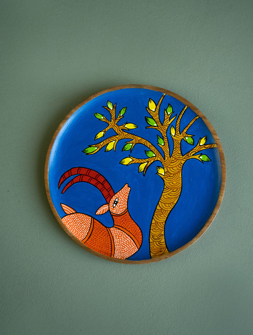Exclusive Gond Art Wooden Wall Plate / Table Curio - Royal Deer