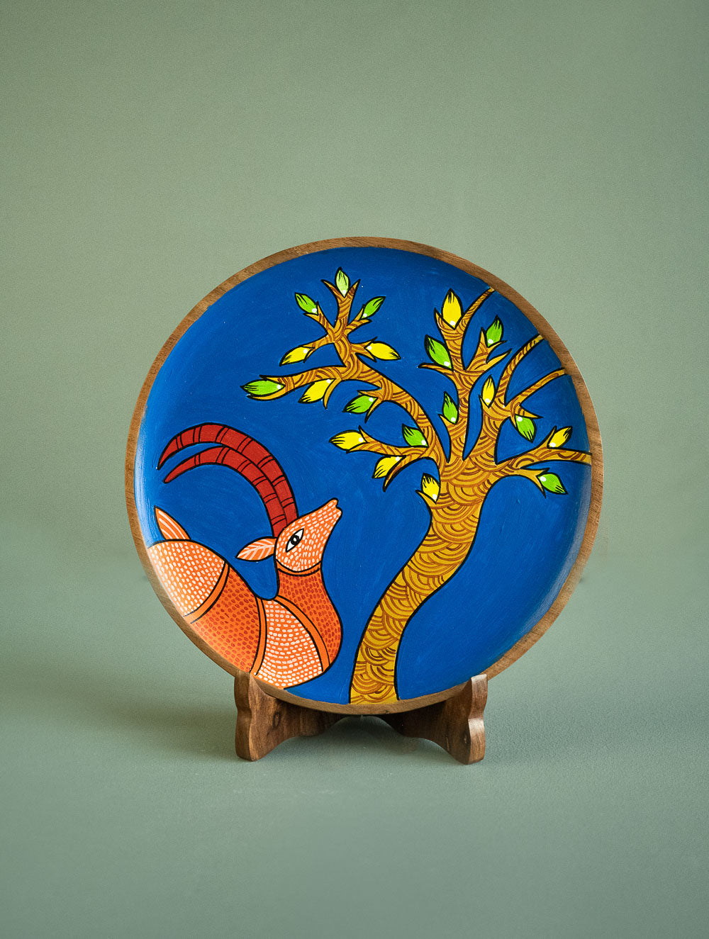 Exclusive Gond Art Wooden Wall Plate / Table Curio - Royal Deer
