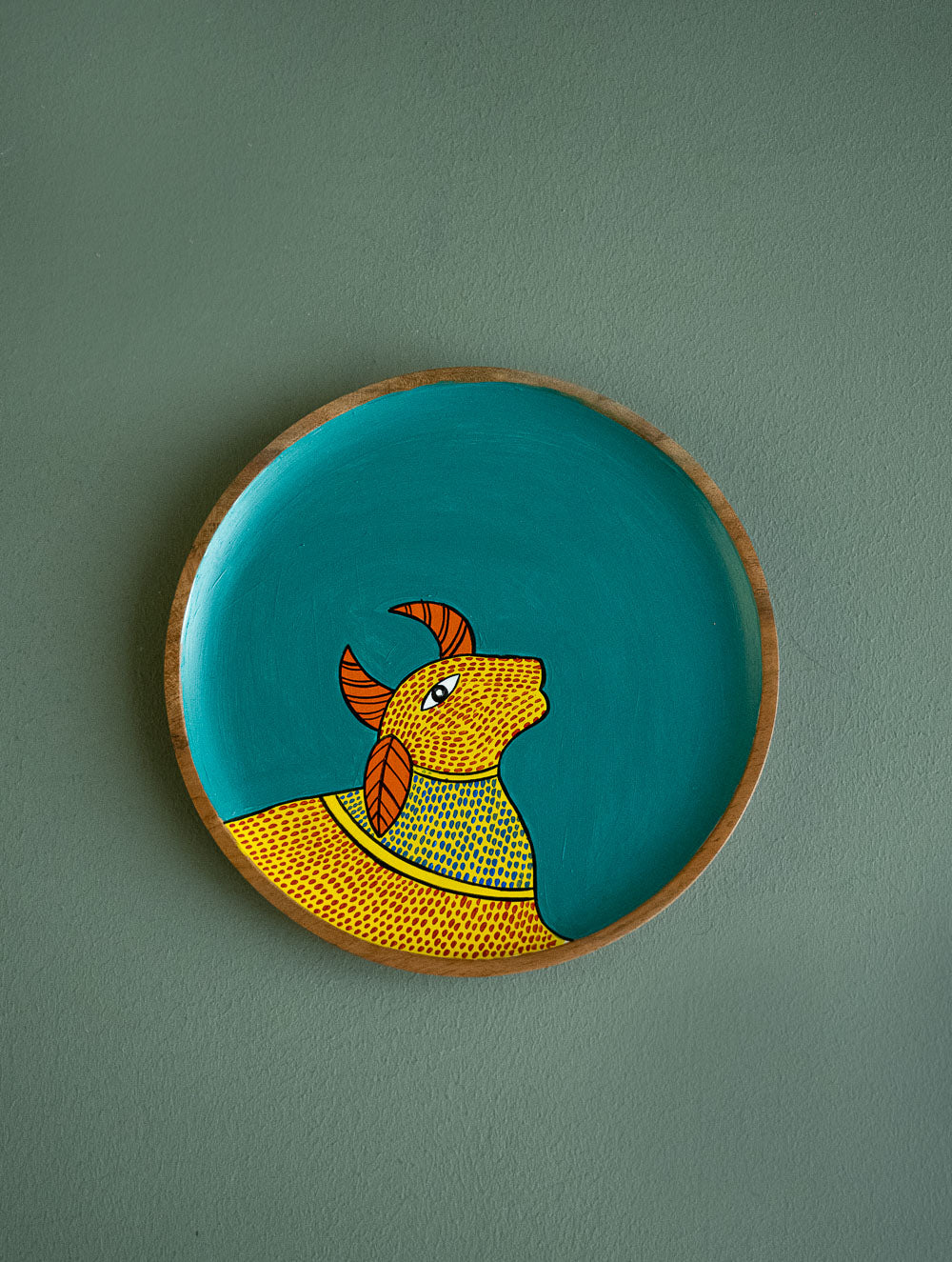 Exclusive Gond Art Wooden Wall Plate / Table Curio - Teal Cow