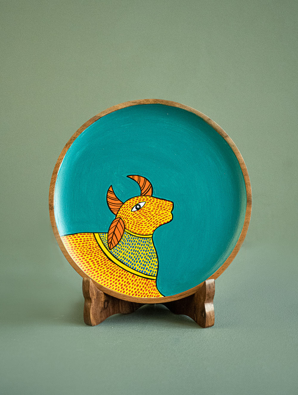 Exclusive Gond Art Wooden Wall Plate / Table Curio - Teal Cow