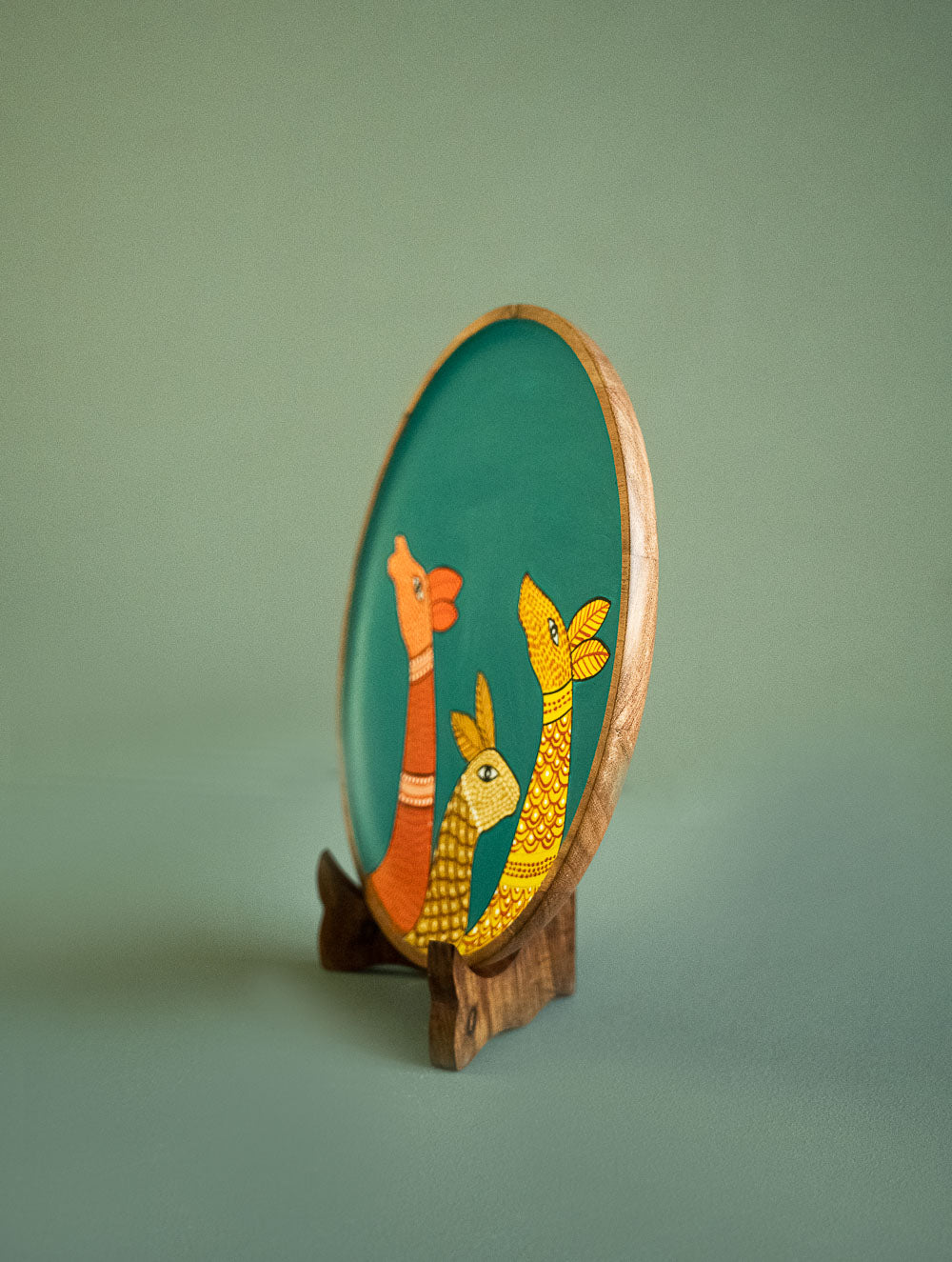 Exclusive Gond Art Wooden Wall Plate / Table Curio - Teal Deer