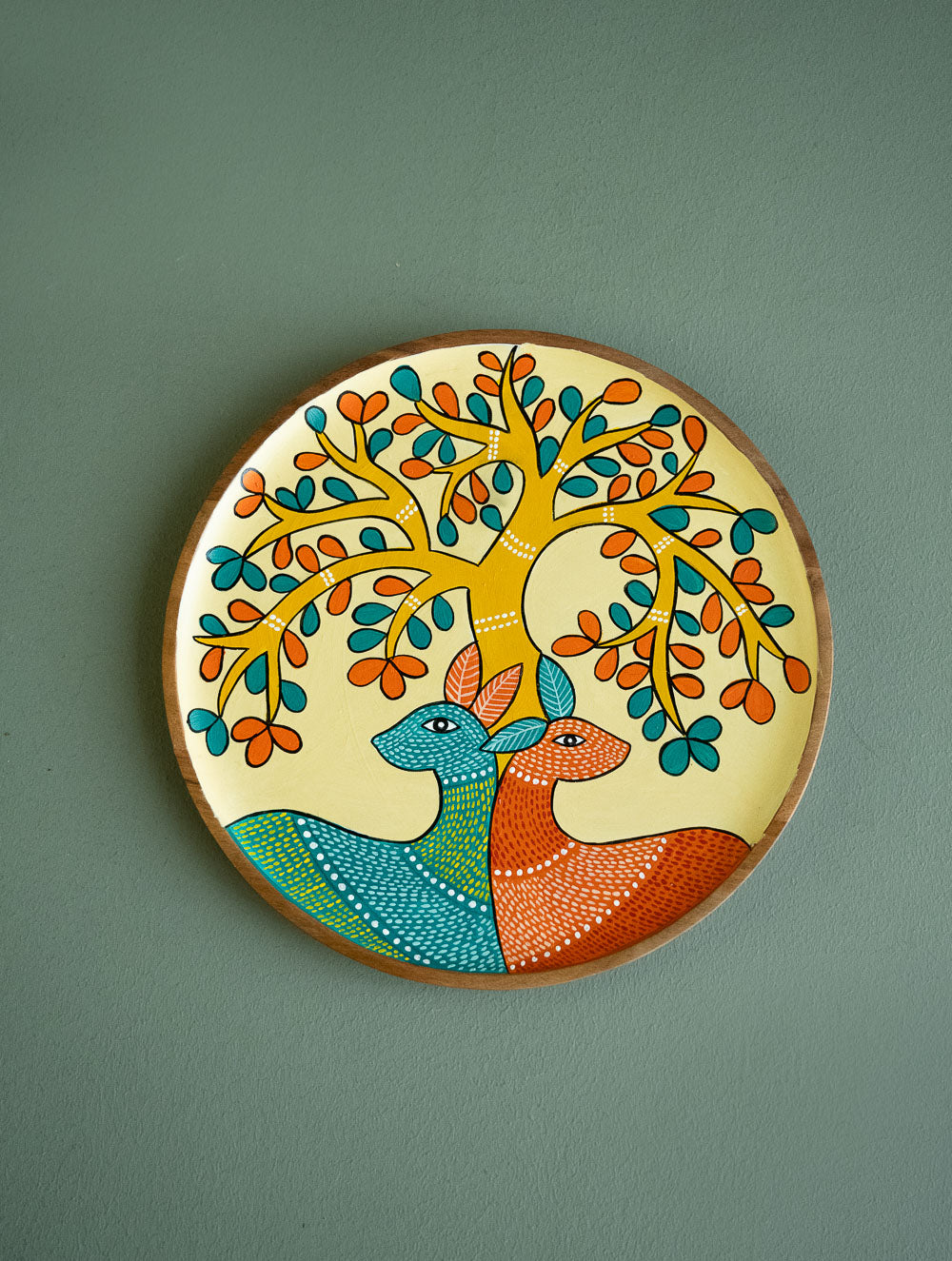 Exclusive Gond Art Wooden Wall Plate / Table Curio - The Cream Deer