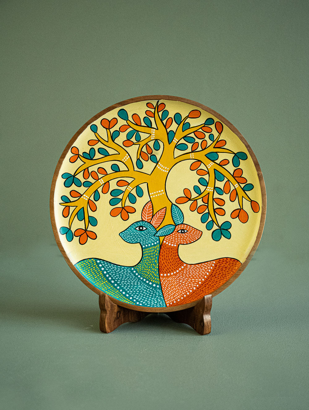 Exclusive Gond Art Wooden Wall Plate / Table Curio - The Cream Deer