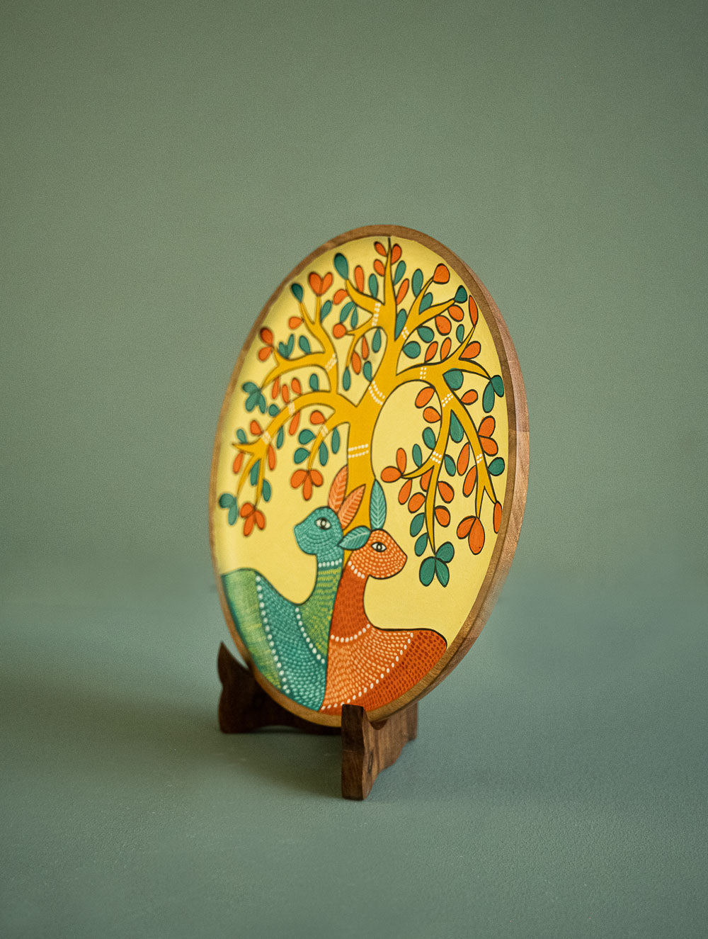 Exclusive Gond Art Wooden Wall Plate / Table Curio - The Cream Deer