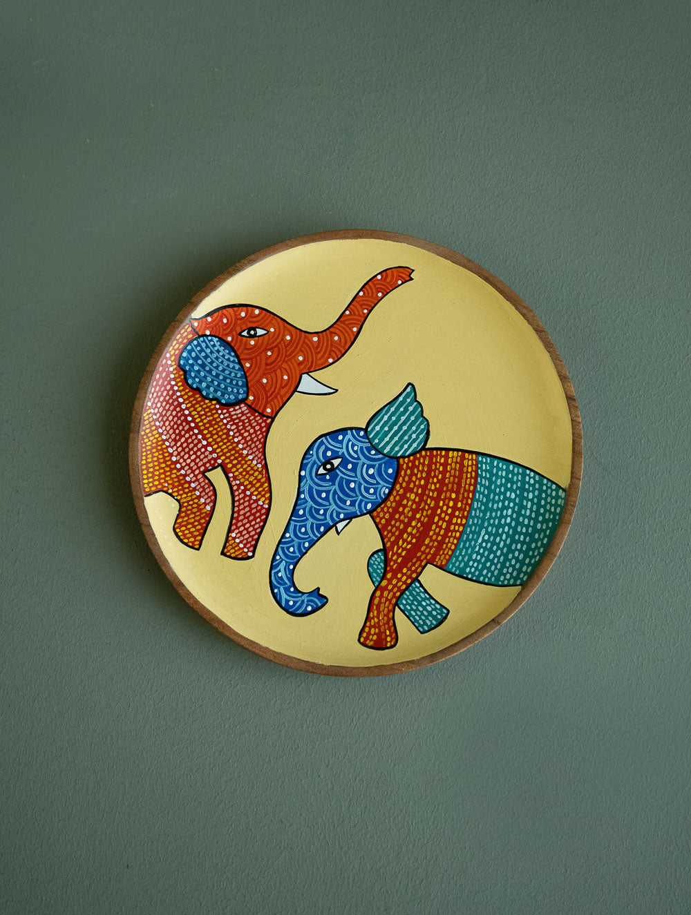Exclusive Gond Art Wooden Wall Plate / Table Curio - The Cream Elephants