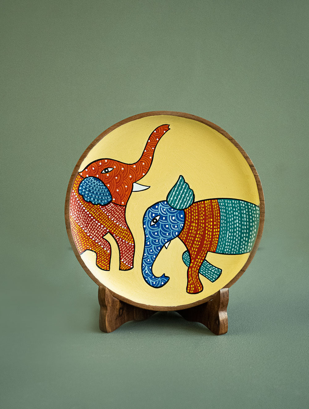 Exclusive Gond Art Wooden Wall Plate / Table Curio - The Cream Elephants