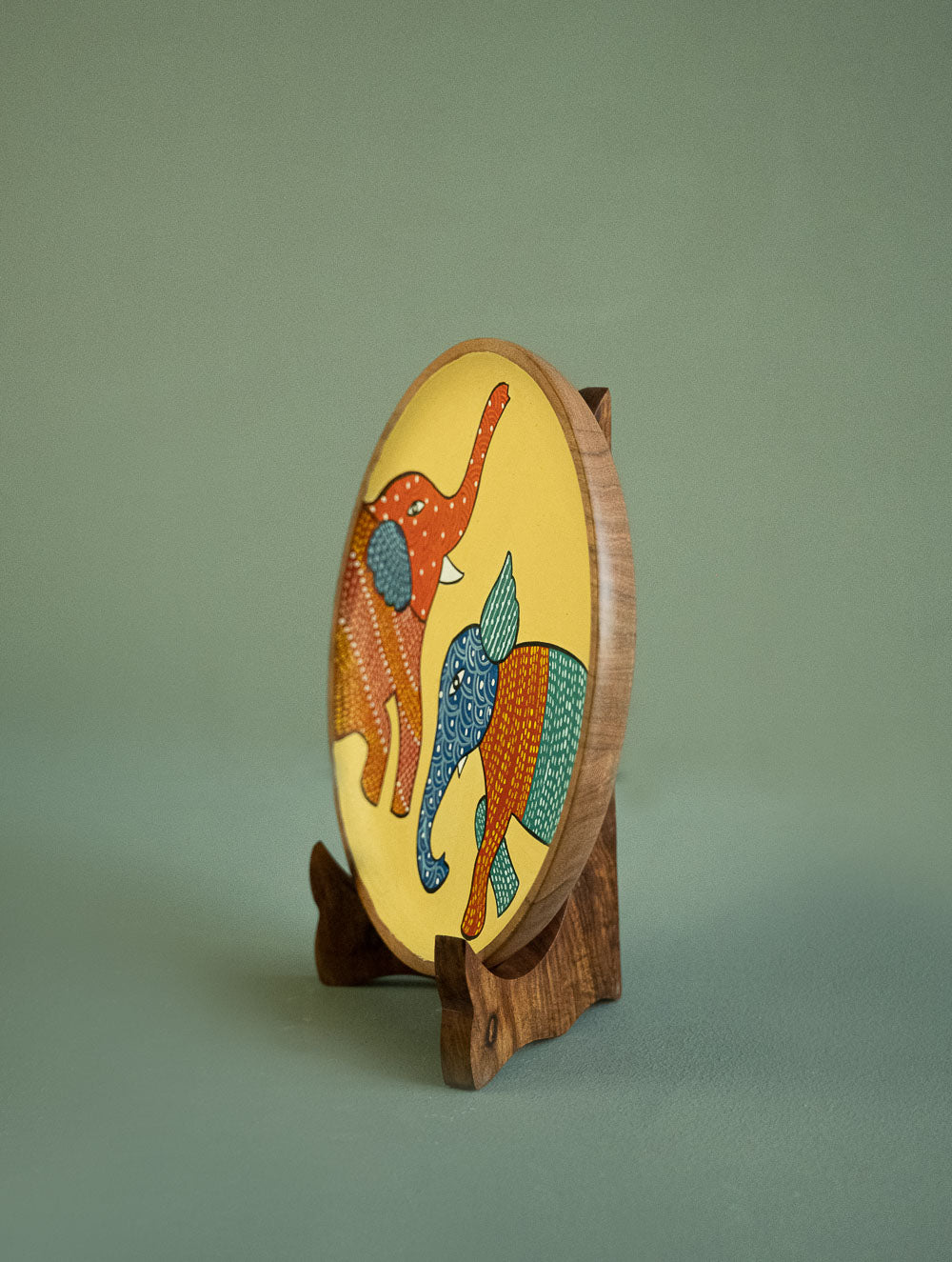 Exclusive Gond Art Wooden Wall Plate / Table Curio - The Cream Elephants