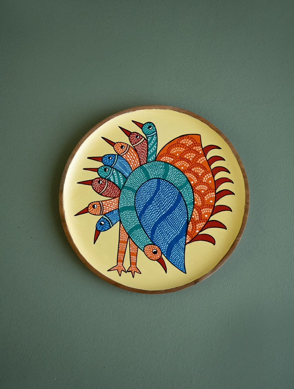 Exclusive Gond Art Wooden Wall Plate / Table Curio - The Cream Peacock