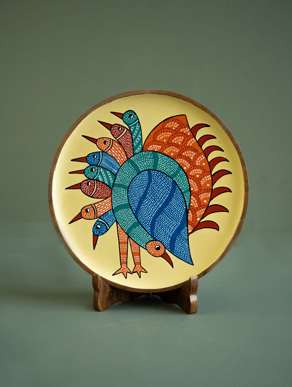 Exclusive Gond Art Wooden Wall Plate / Table Curio - The Cream Peacock