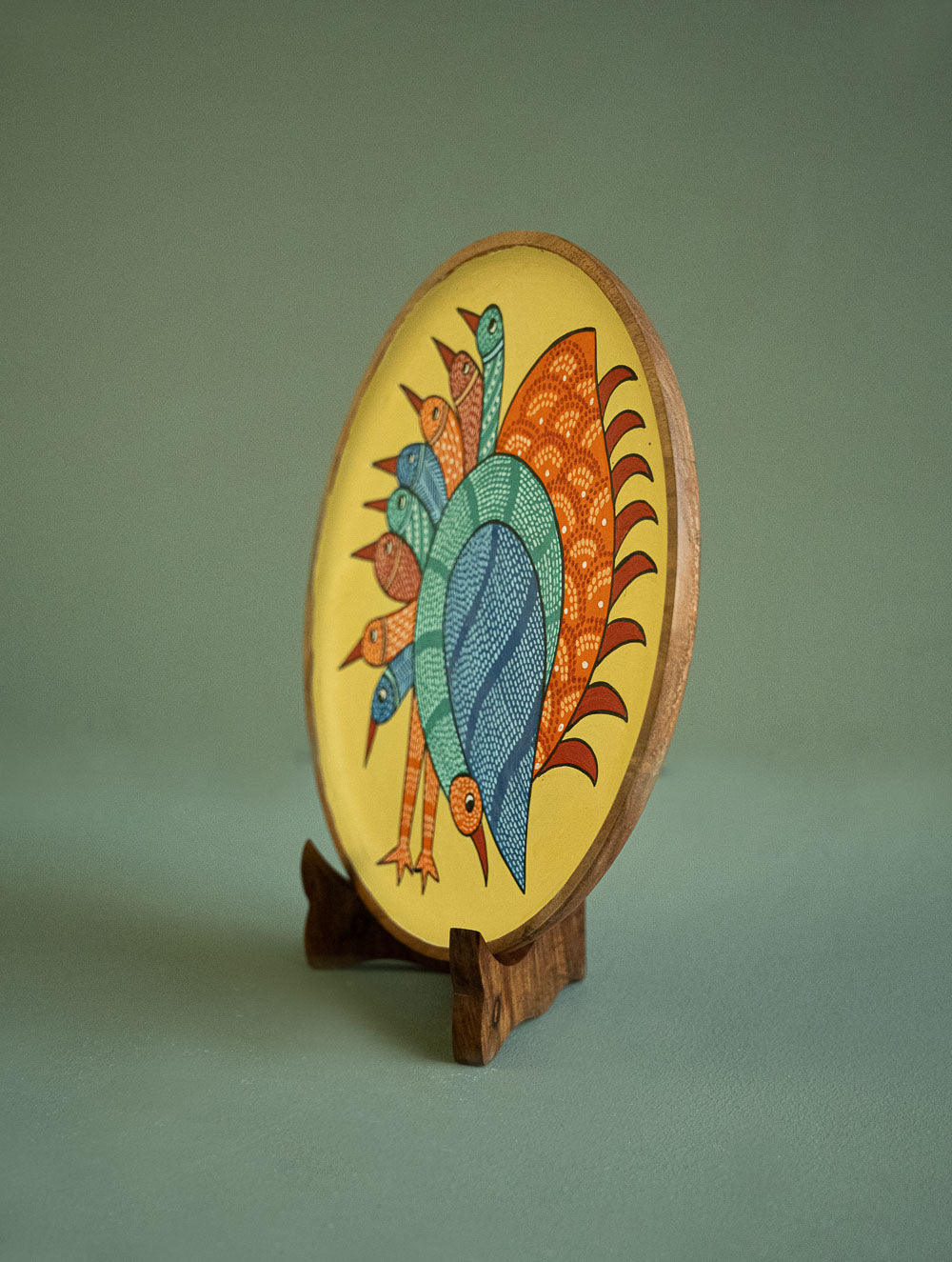 Exclusive Gond Art Wooden Wall Plate / Table Curio - The Cream Peacock