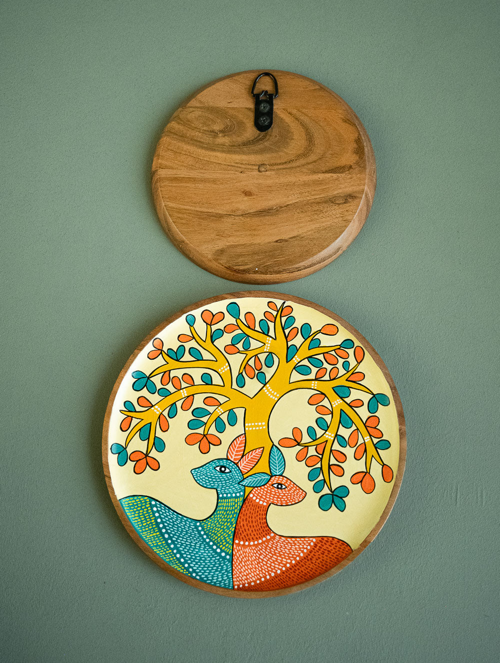 Exclusive Gond Art Wooden Wall Plate / Table Curio - The Deer Duo (Set of 2)