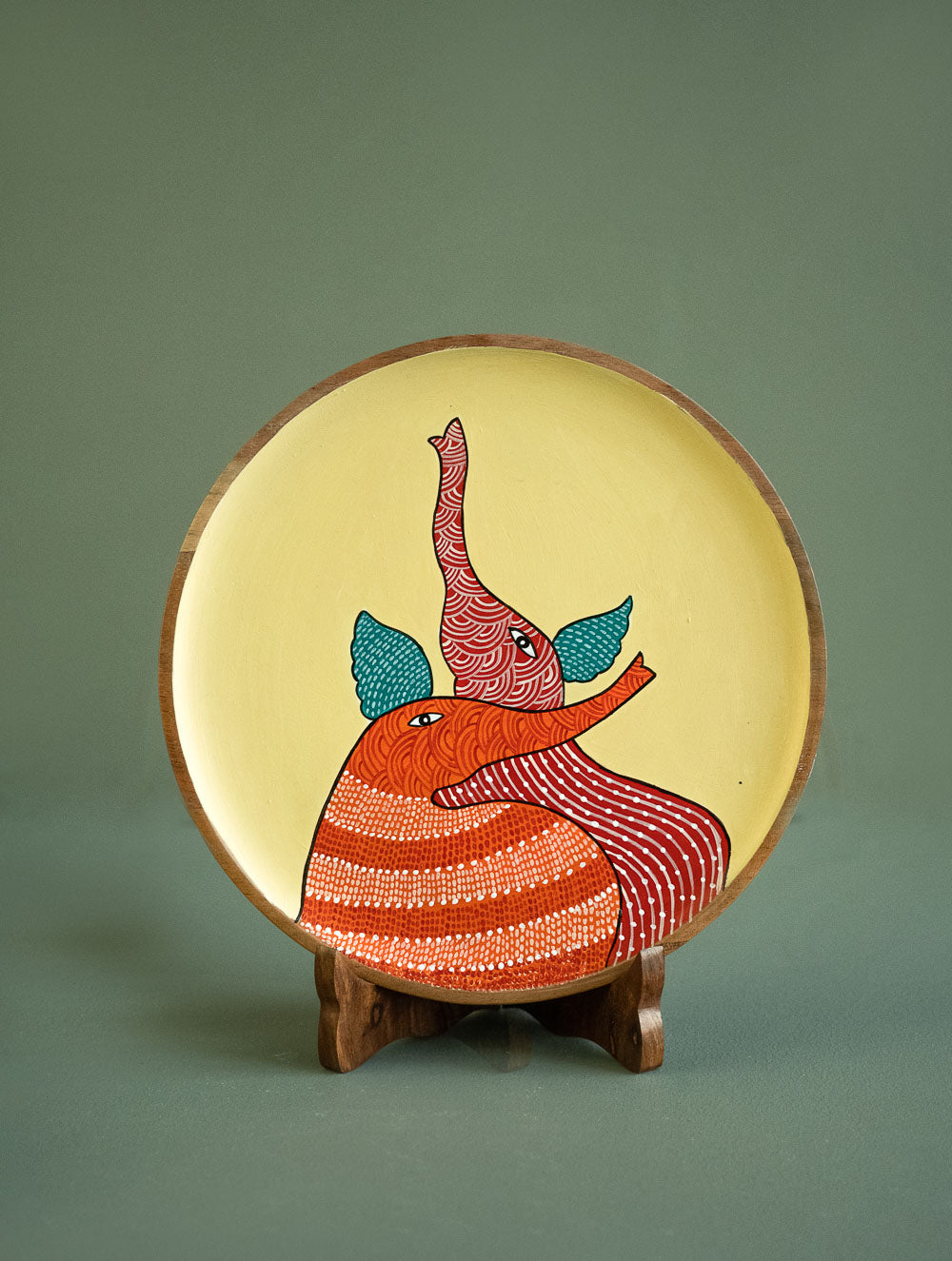 Exclusive Gond Art Wooden Wall Plate / Table Curio - The Elephants
