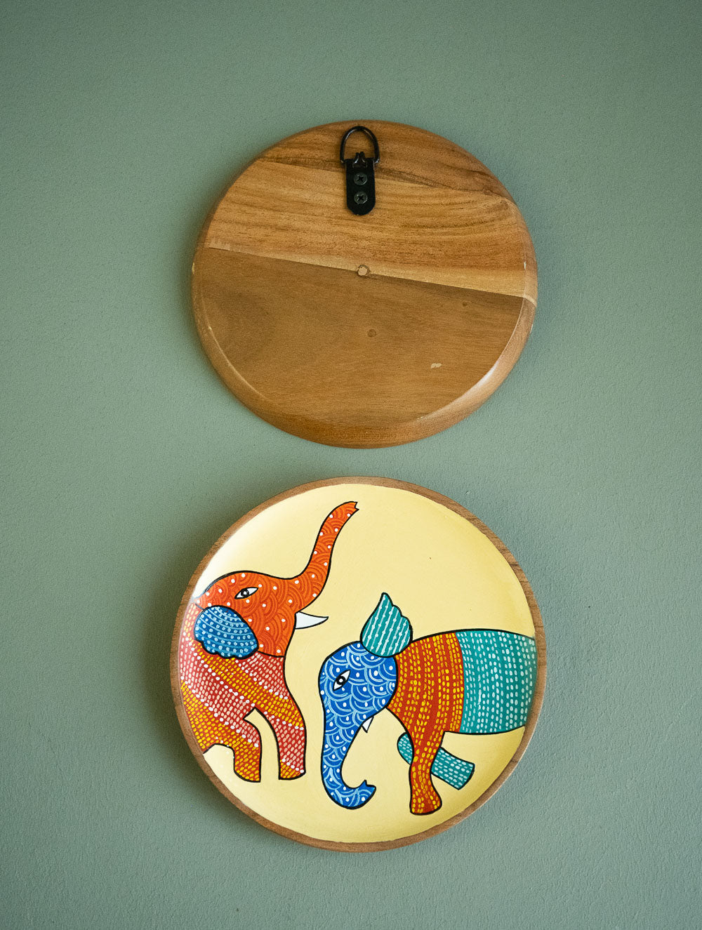 Exclusive Gond Art Wooden Wall Plate / Table Curio - The Elephants Duo (Set of 2)
