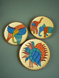 Exclusive Gond Art Wooden Wall Plate / Table Curio - The Peacock & Elephants Trio (Set of 3)