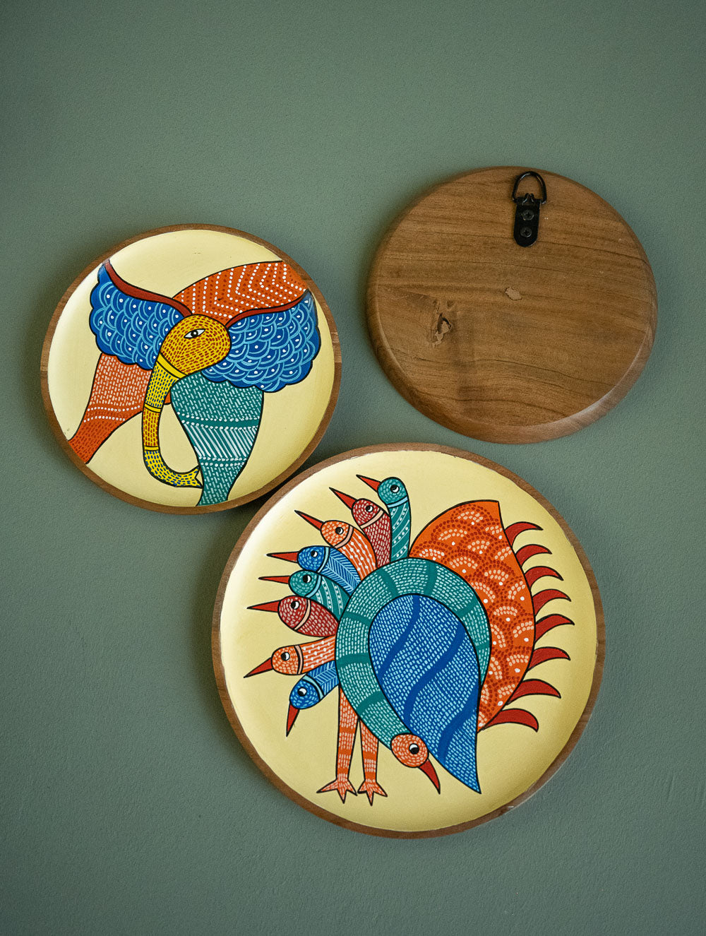 Exclusive Gond Art Wooden Wall Plate / Table Curio - The Peacock & Elephants Trio (Set of 3)