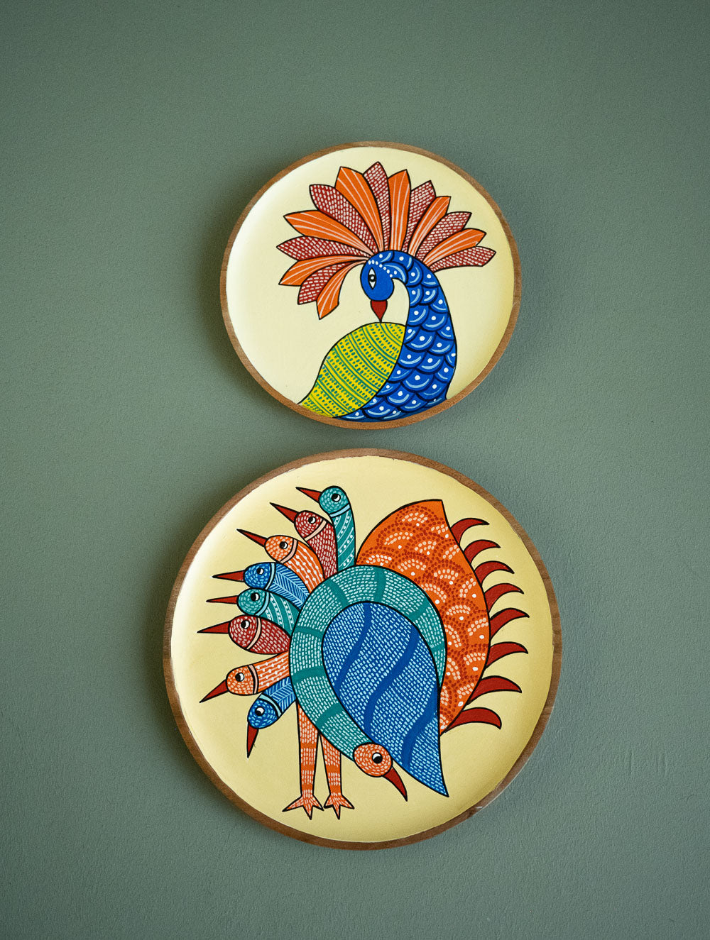 Exclusive Gond Art Wooden Wall Plate / Table Curio - The Peacocks Duo (Set of 2)