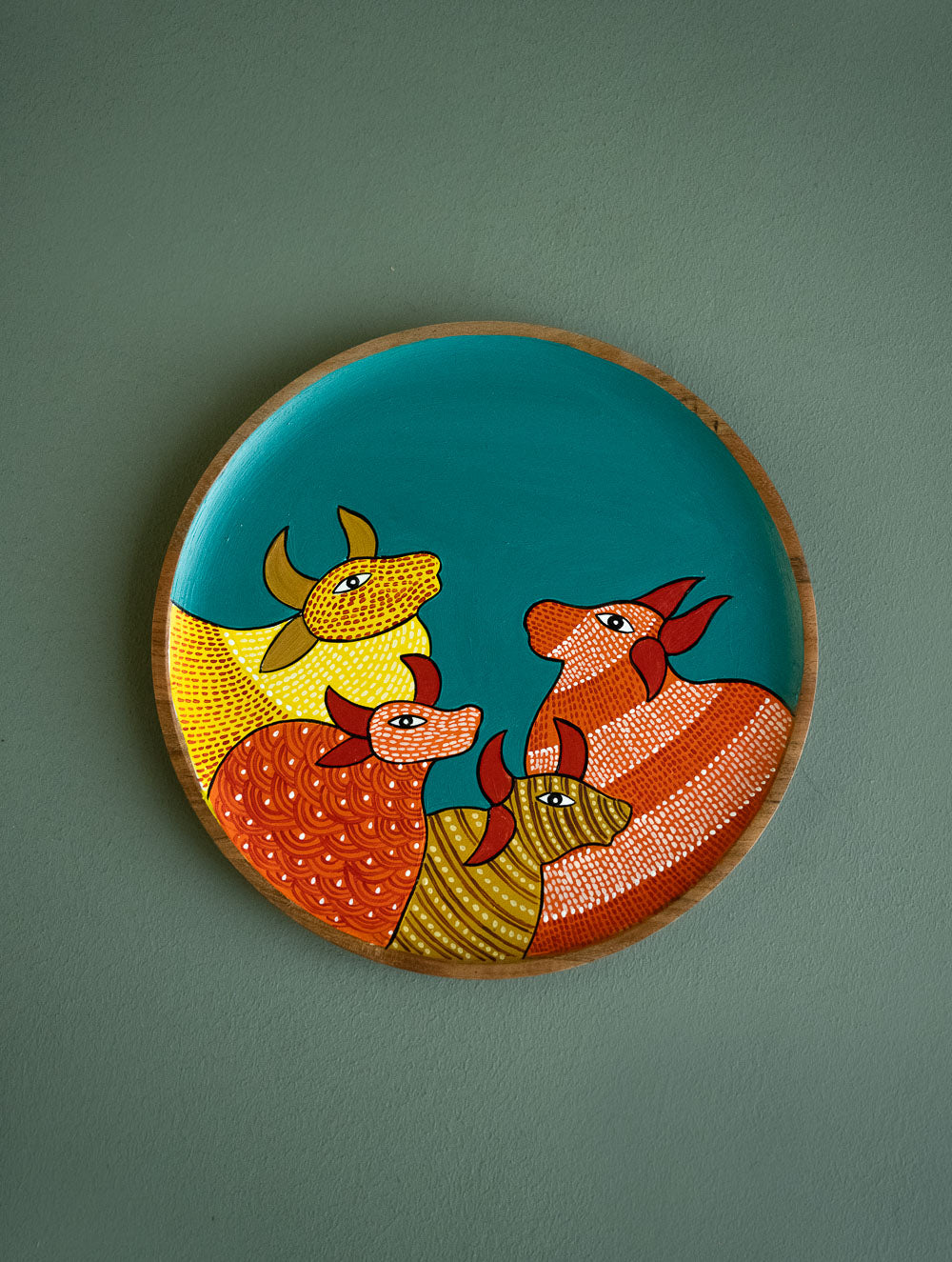 Exclusive Gond Art Wooden Wall Plate / Table Curio - The Teal Cows