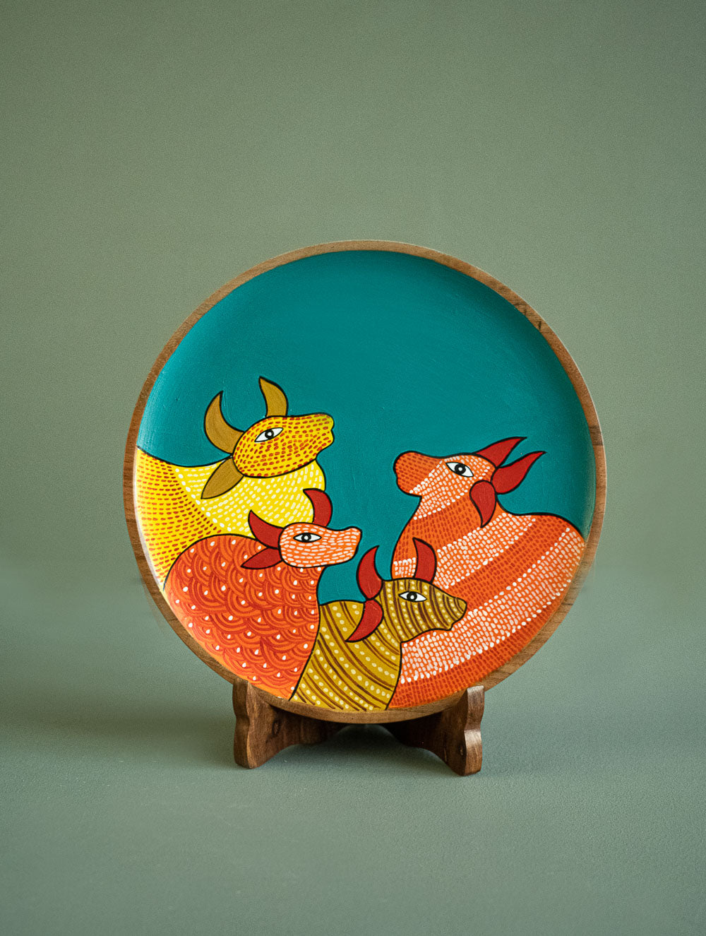 Exclusive Gond Art Wooden Wall Plate / Table Curio - The Teal Cows