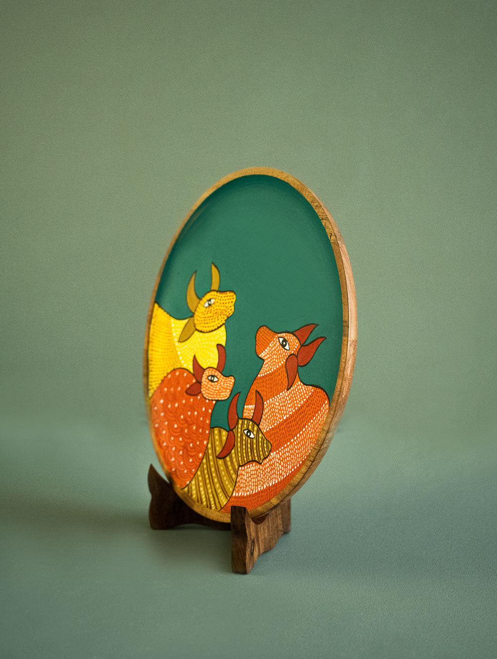 Exclusive Gond Art Wooden Wall Plate / Table Curio - The Teal Cows