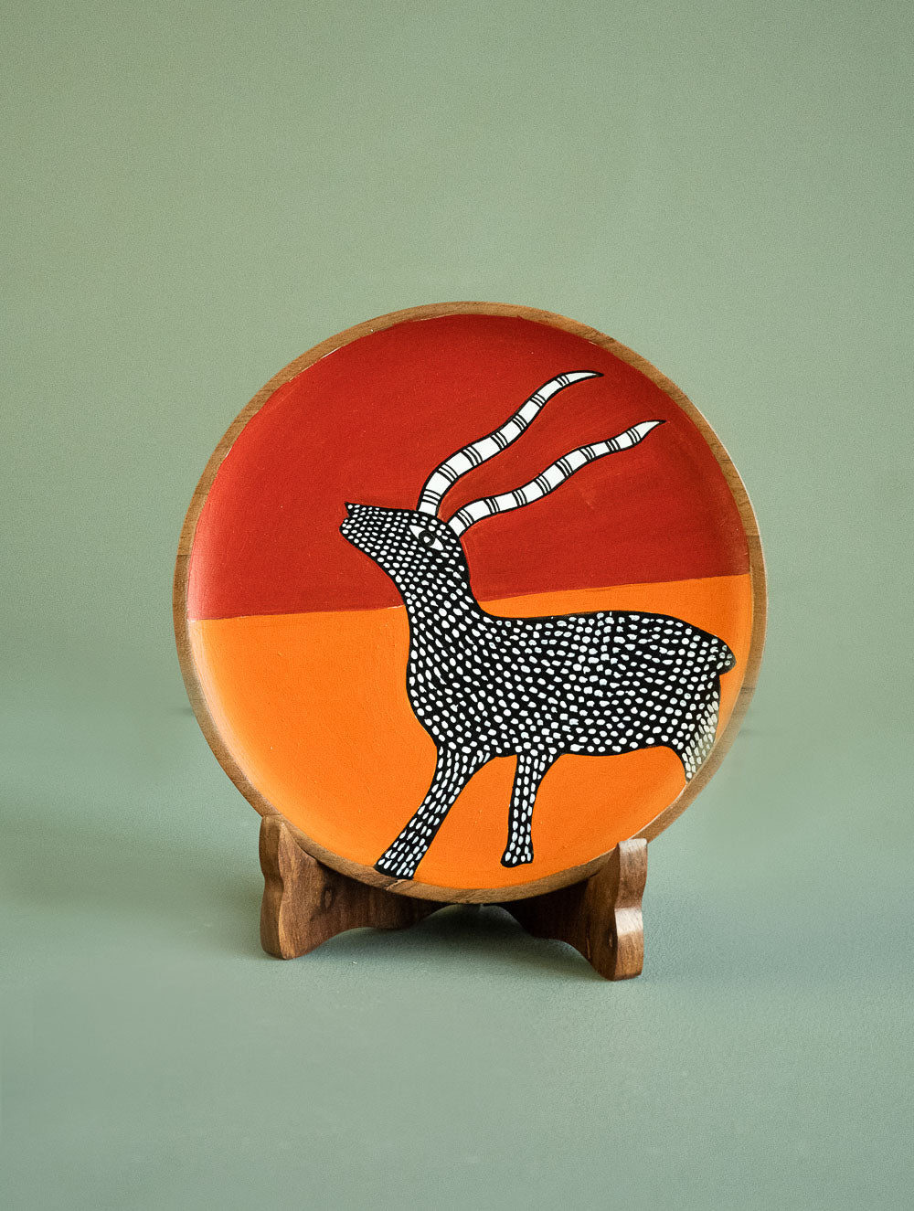 Exclusive Gond Art Wooden Wall Plate / Table Curio - Vibrant Deer