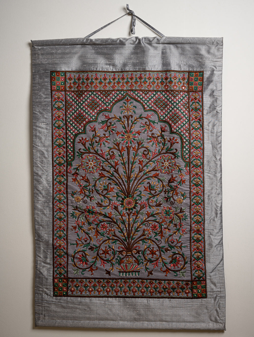 Exclusive Raw Silk Kutch Embroidered Wall Hanging - Pearl Grey (Extra Large)