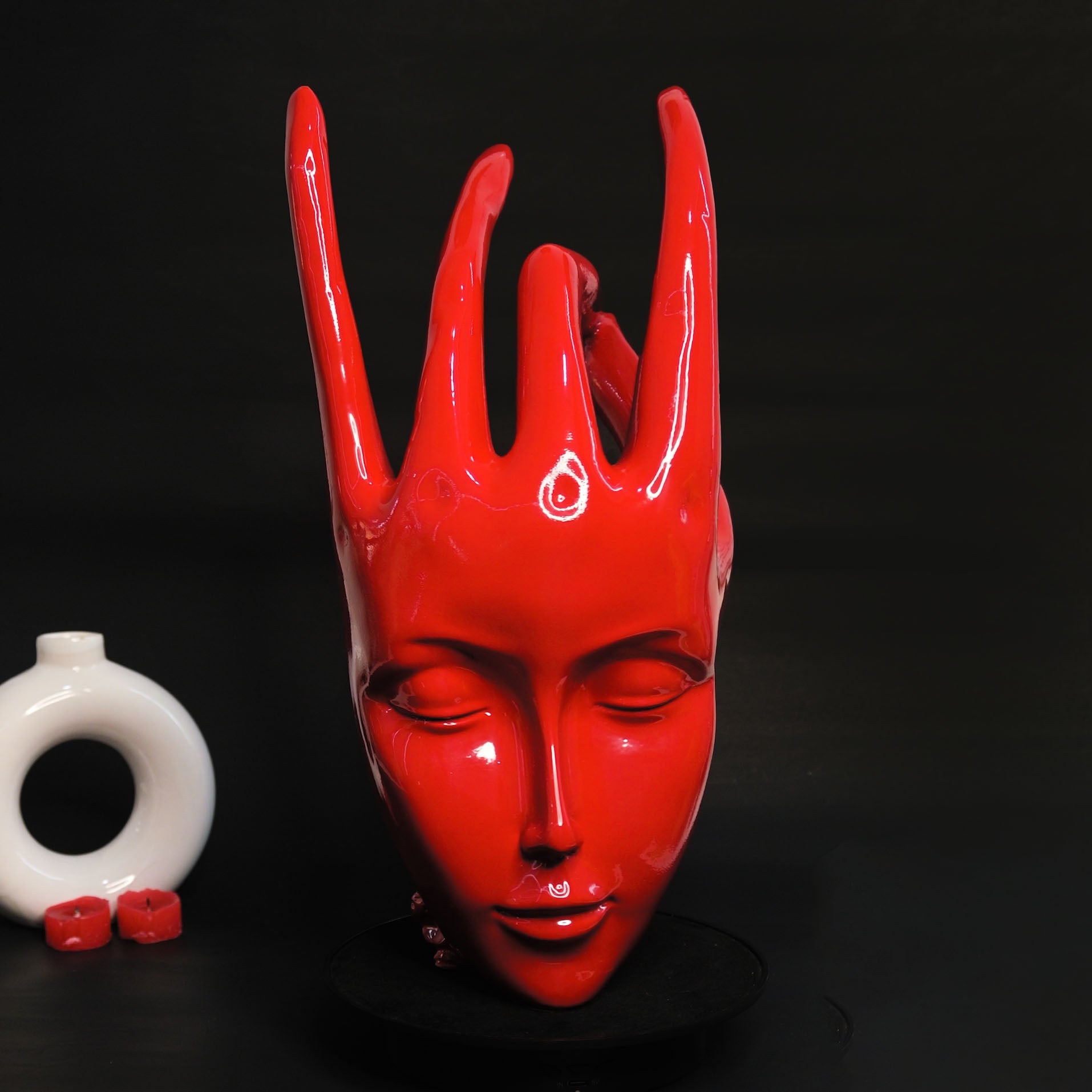 Regal Red Crowned Mudra Zen Face Sculpture