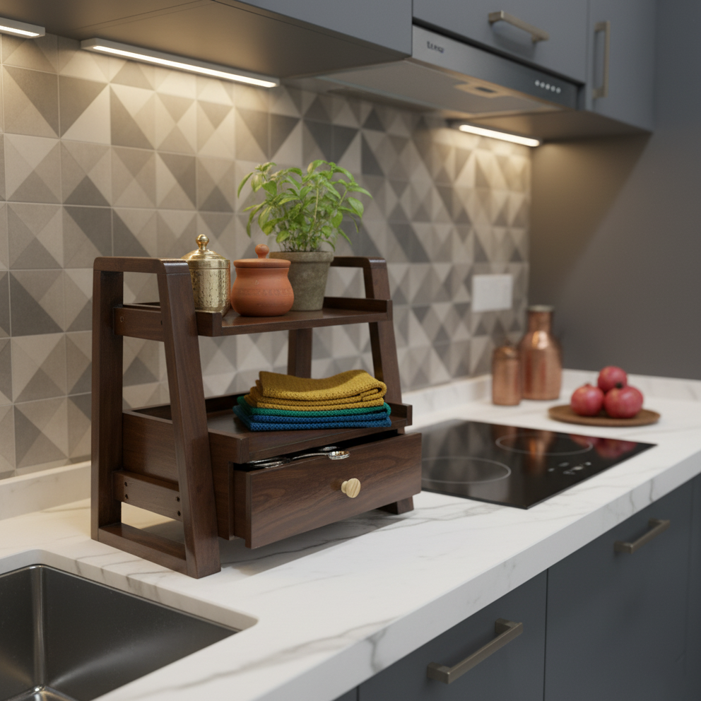 Multipurpose Woodhaven Duo Shelf – Handcrafted Solid Sagon Wood Storage with Walnut Finish