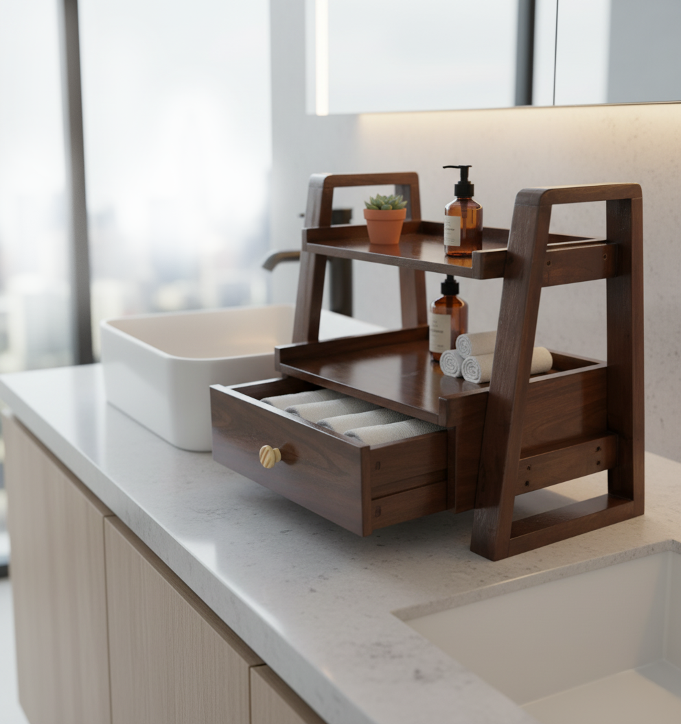 Multipurpose Woodhaven Duo Shelf – Handcrafted Solid Sagon Wood Storage with Walnut Finish