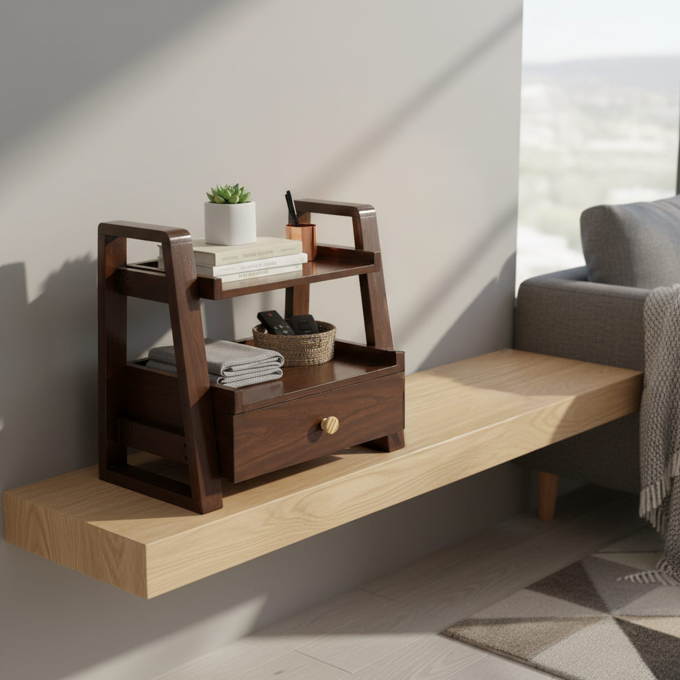 Multipurpose Woodhaven Duo Shelf – Handcrafted Solid Sagon Wood Storage with Walnut Finish