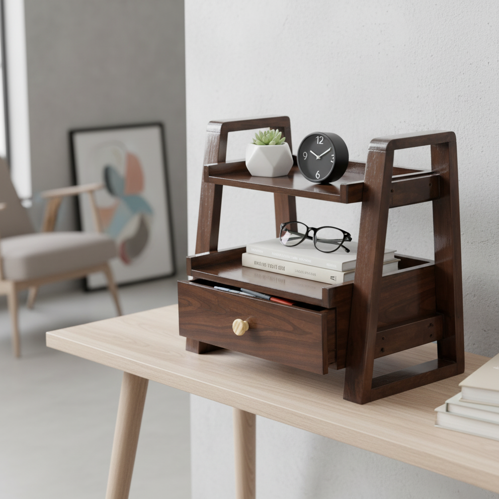 Multipurpose Woodhaven Duo Shelf – Handcrafted Solid Sagon Wood Storage with Walnut Finish