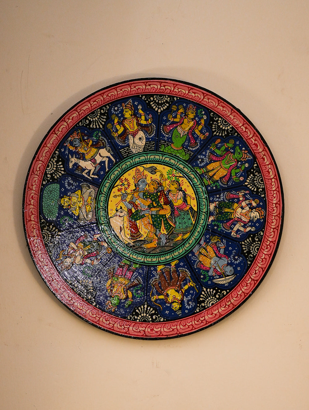 Intricate Pattachitra Art Wooden Wall / Table Plaque (12") - Krishna & Gopis, Dasha Avatar