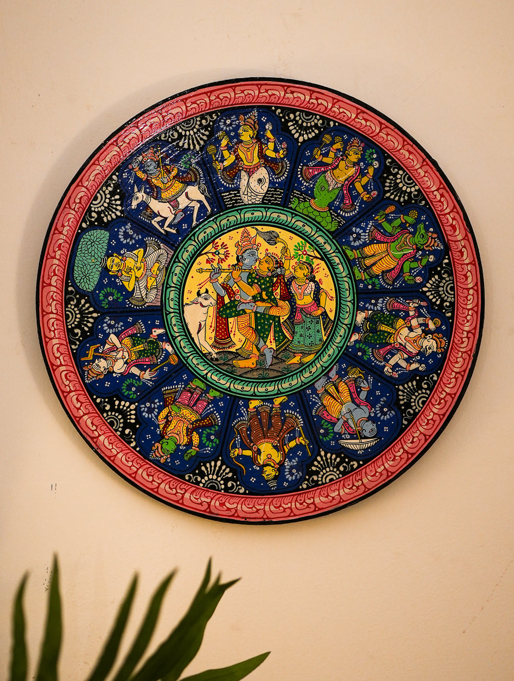 Intricate Pattachitra Art Wooden Wall / Table Plaque (12") - Krishna & Gopis, Dasha Avatar