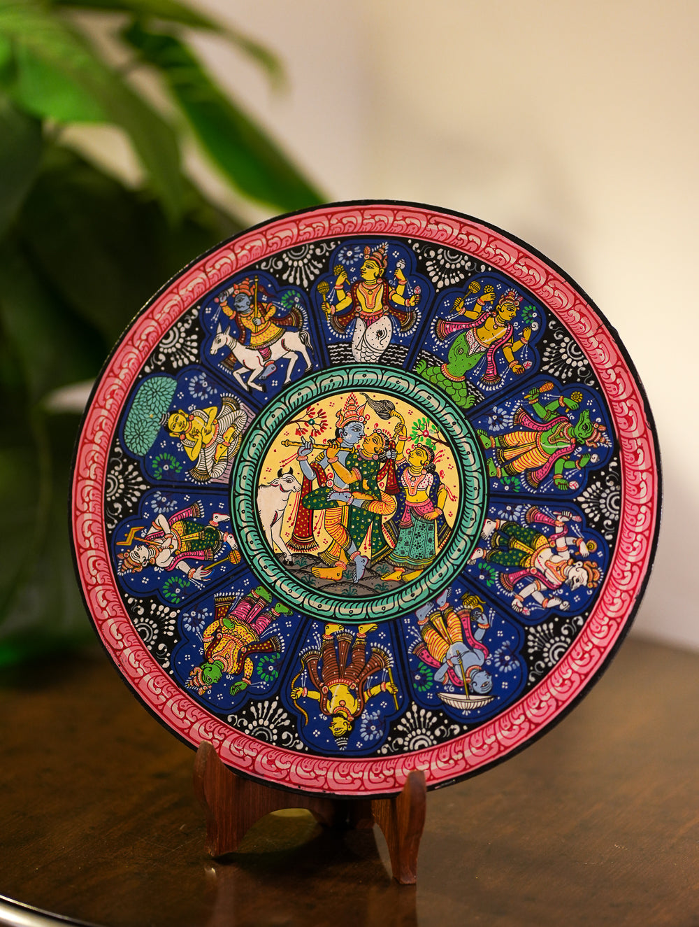 Intricate Pattachitra Art Wooden Wall / Table Plaque (12") - Krishna & Gopis, Dasha Avatar
