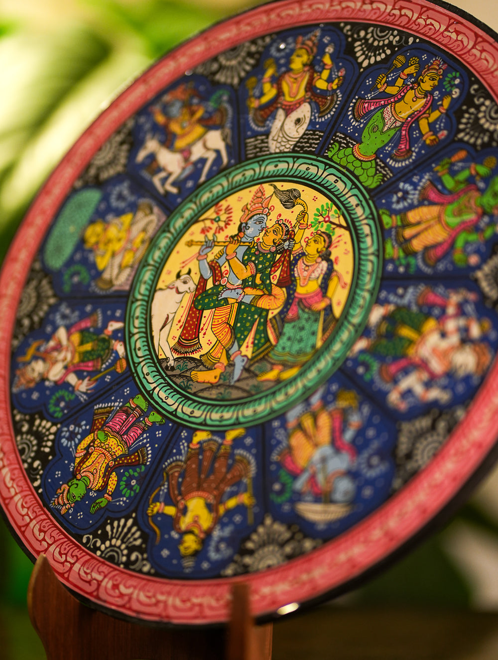 Intricate Pattachitra Art Wooden Wall / Table Plaque (12") - Krishna & Gopis, Dasha Avatar