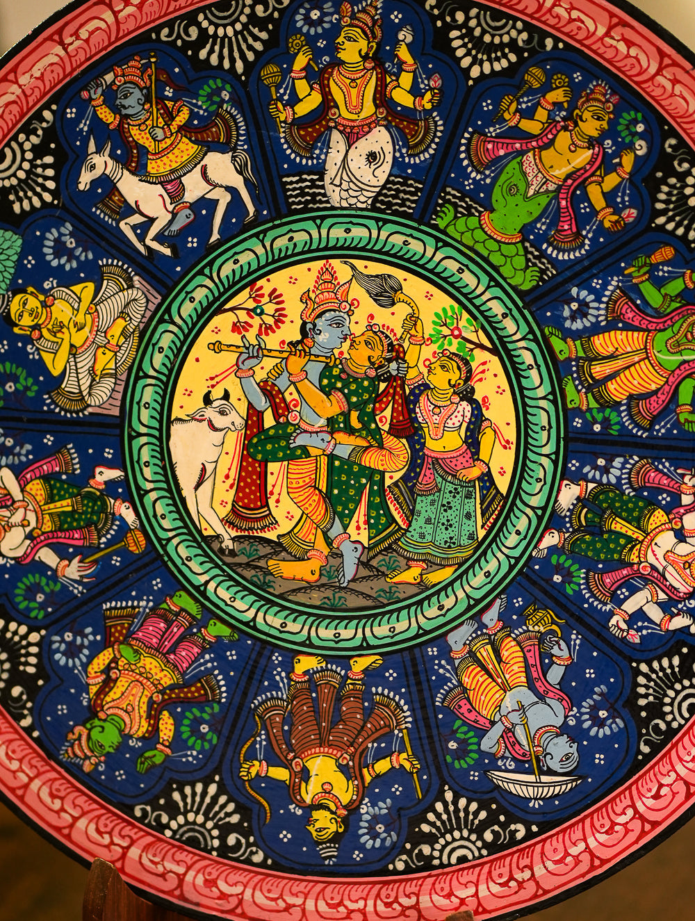 Intricate Pattachitra Art Wooden Wall / Table Plaque (12") - Krishna & Gopis, Dasha Avatar