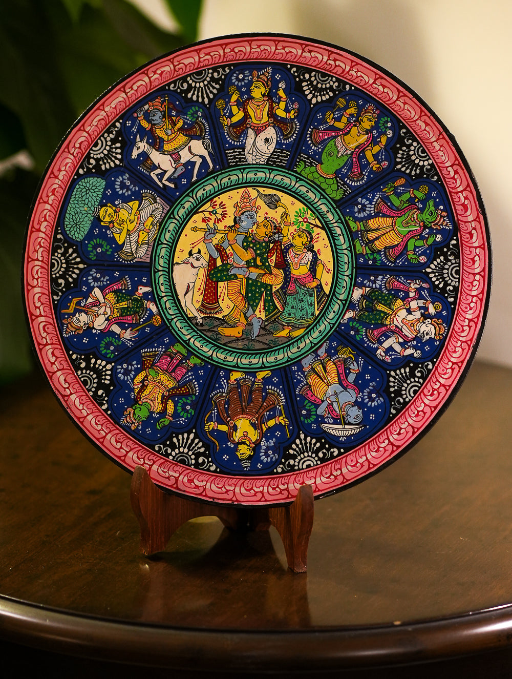 Intricate Pattachitra Art Wooden Wall / Table Plaque (12") - Krishna & Gopis, Dasha Avatar
