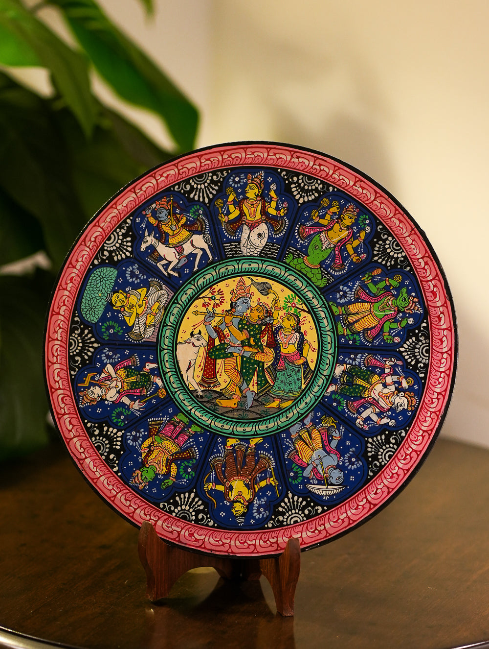 Intricate Pattachitra Art Wooden Wall / Table Plaque (12") - Krishna & Gopis, Dasha Avatar