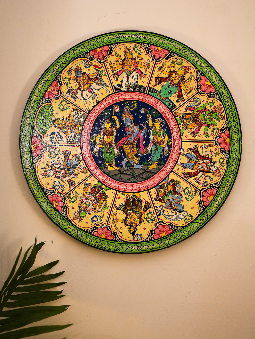 Intricate Pattachitra Art Wooden Wall/Table Plaque (18") - Radha Krishna, Dasha Avatar