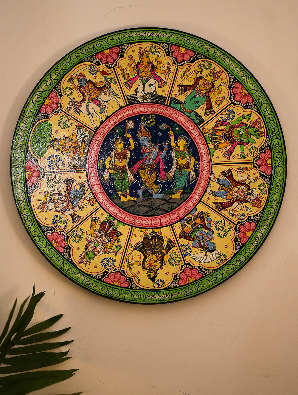 Intricate Pattachitra Art Wooden Wall/Table Plaque (18") - Radha Krishna, Dasha Avatar