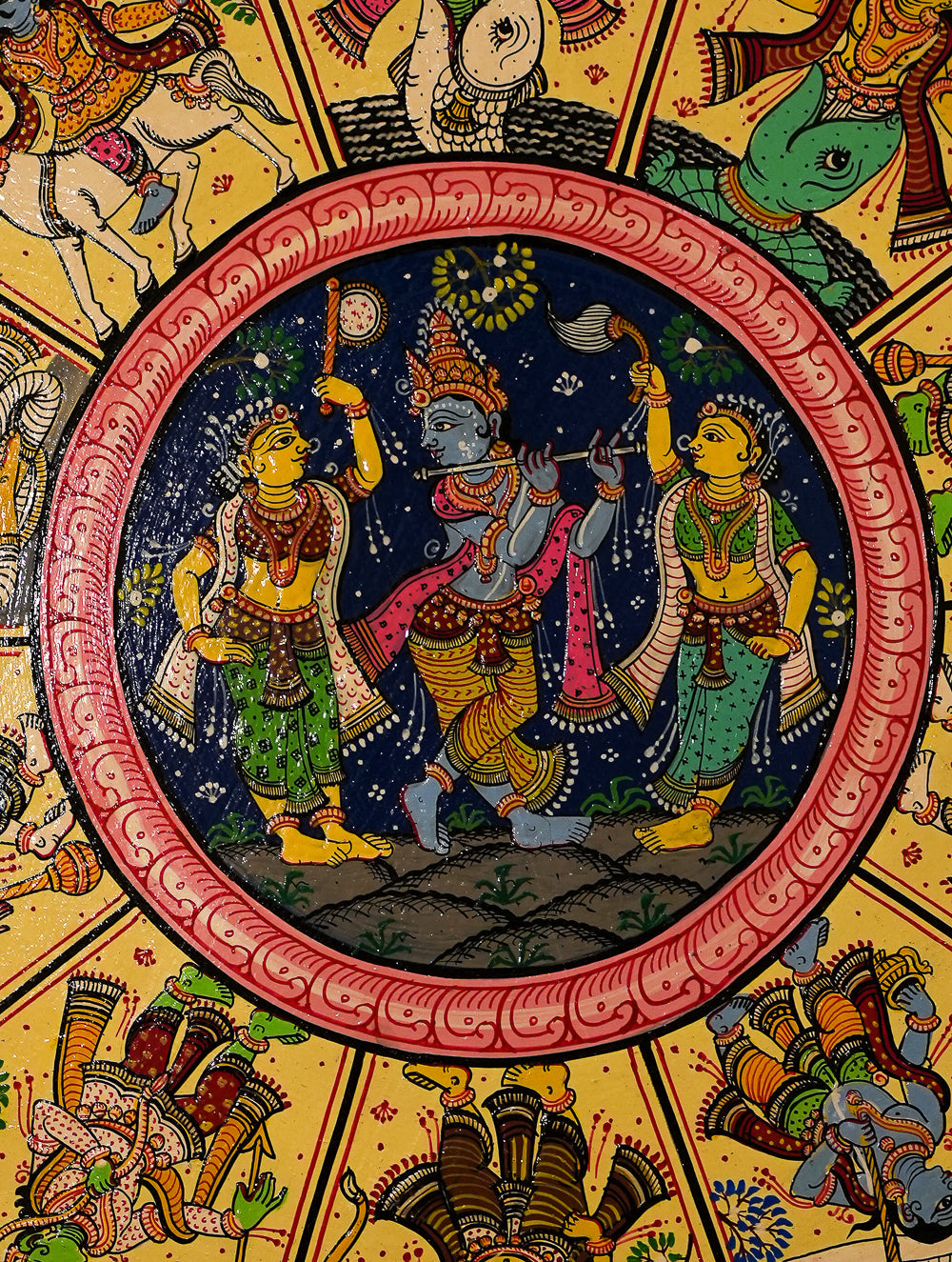 Intricate Pattachitra Art Wooden Wall/Table Plaque (18") - Radha Krishna, Dasha Avatar