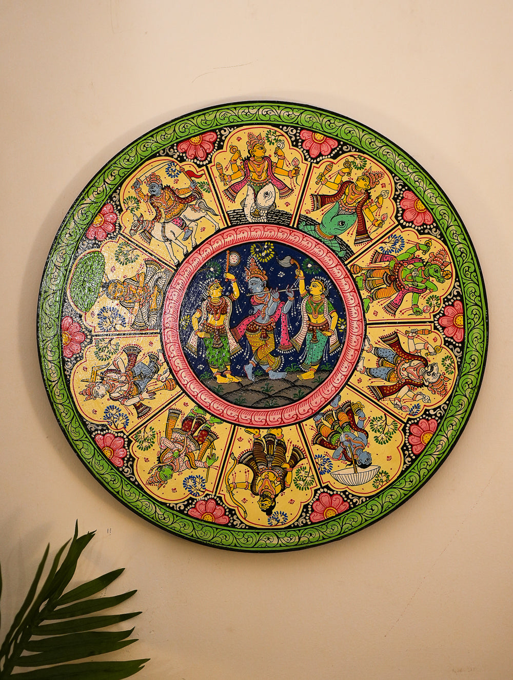 Intricate Pattachitra Art Wooden Wall/Table Plaque (18") - Radha Krishna, Dasha Avatar